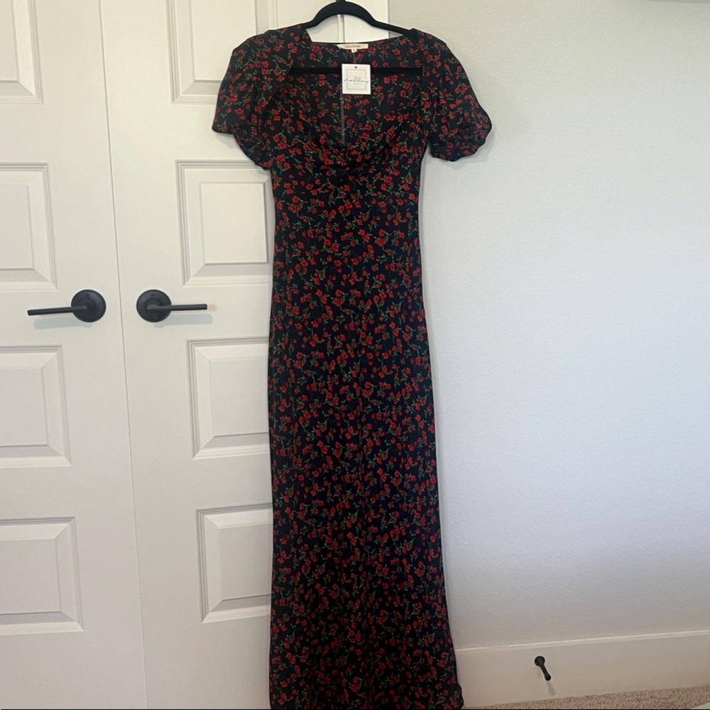 Reformation Black Dress with Red Floral Design